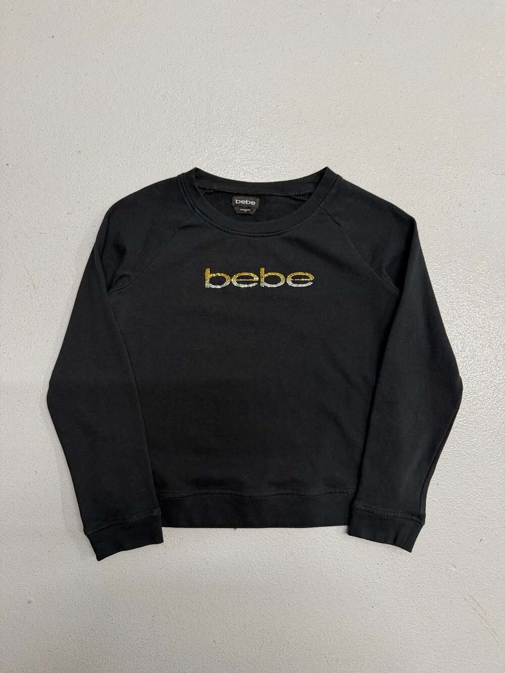 Black Bebe Long Sleeve Rhinestone Logo Crew Neck Sweatshirt